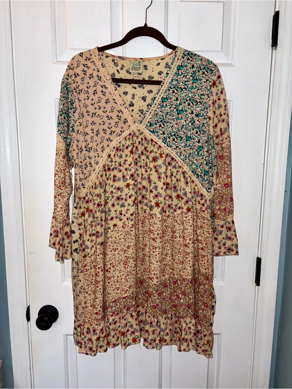 Jaded Gypsy Floral Patchwork Long Bell Sleeve Mini Dress